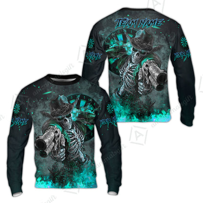 Customized Darts Team Uniform Shirt Darts Cowboy Skeleton Gunslinger Multicolor, Personalized Name Darts Shirt