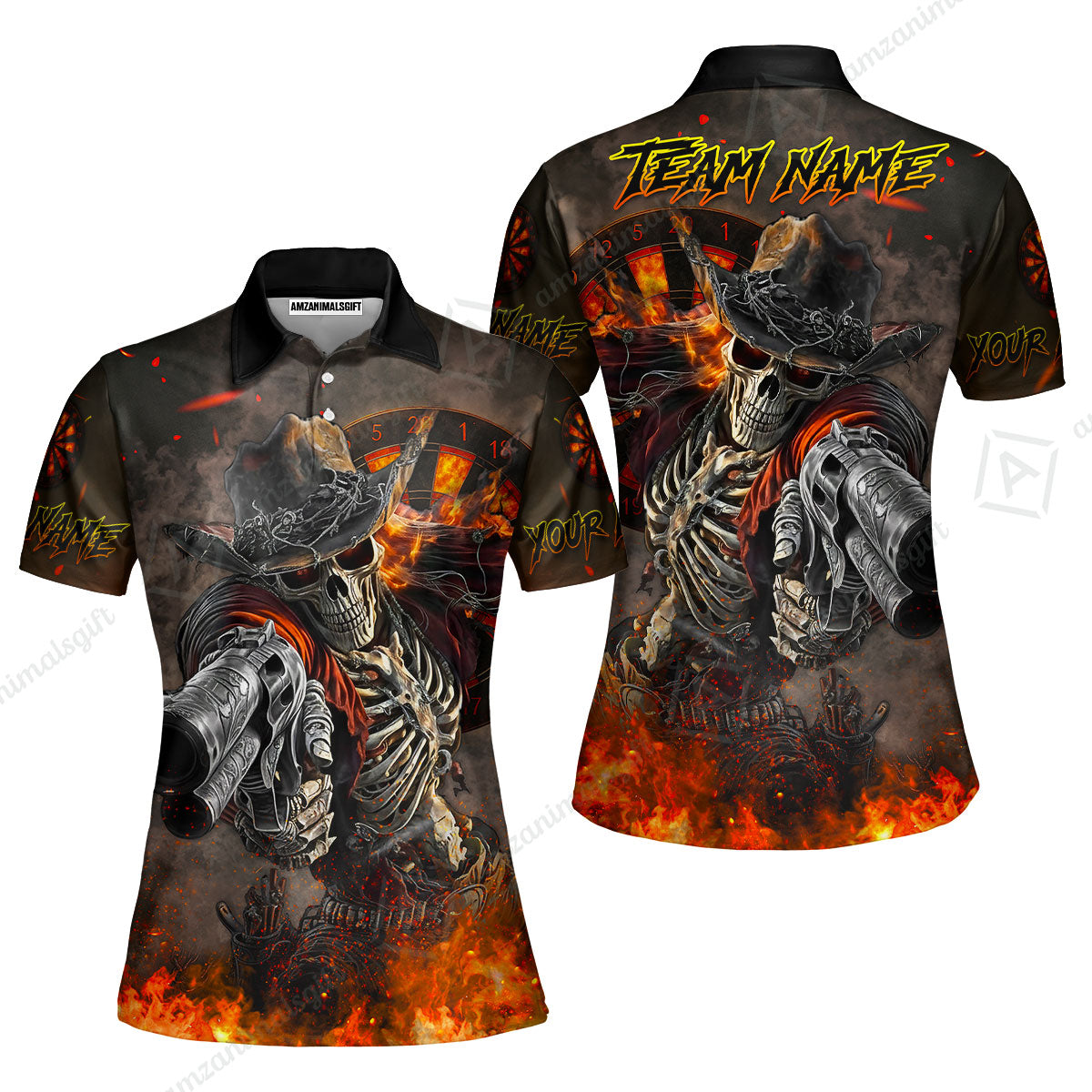 Customized Darts Team Uniform Shirt Darts Cowboy Skeleton Gunslinger Multicolor, Personalized Name Darts Shirt