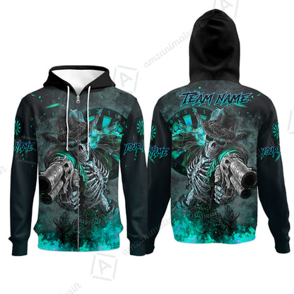 Customized Darts Team Uniform Shirt Darts Cowboy Skeleton Gunslinger Multicolor, Personalized Name Darts Shirt