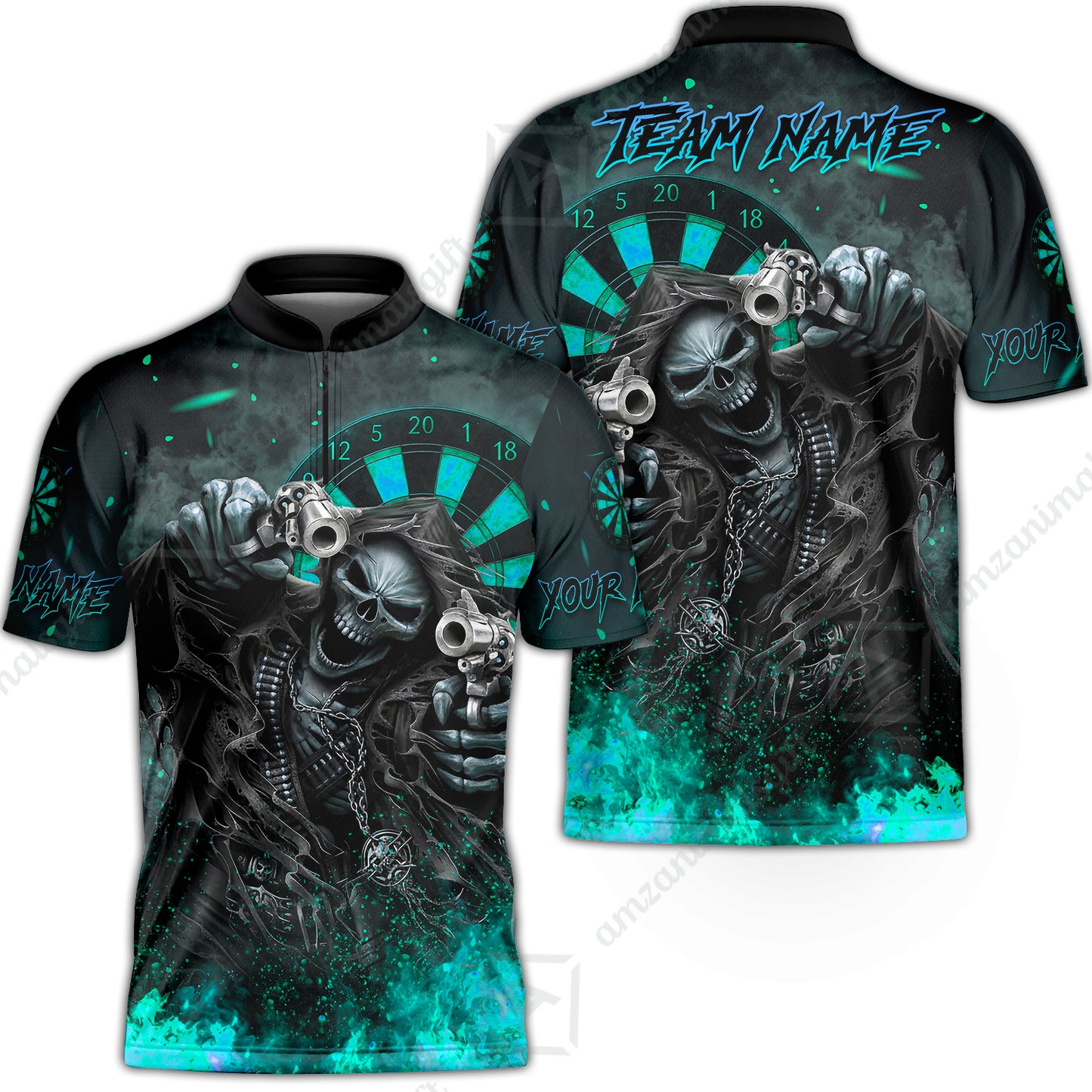 Customized Darts Team Uniform Shirt Darts Skull Reaper Gunslinger Multicolor, Personalized Name And Team Name Darts Shirt