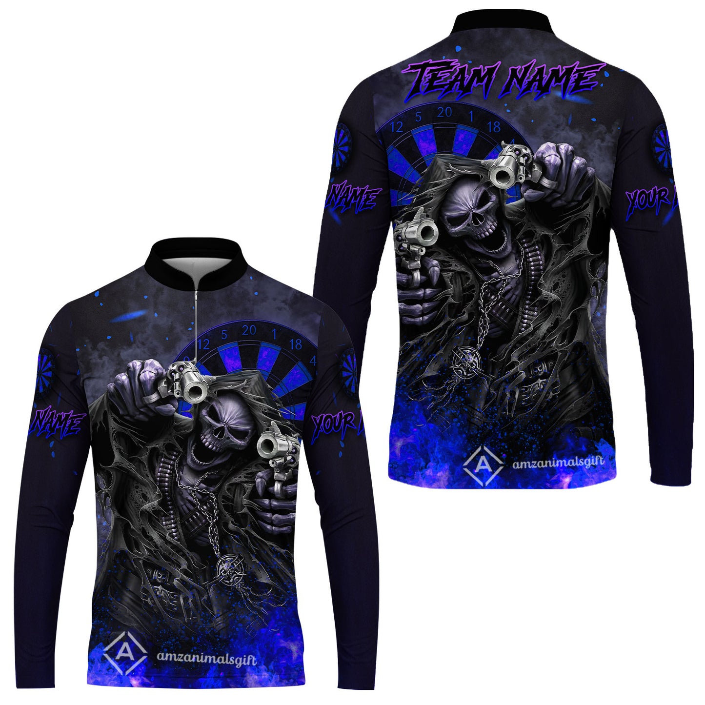 Customized Darts Team Uniform Shirt Darts Skull Reaper Gunslinger Multicolor, Personalized Name And Team Name Darts Shirt