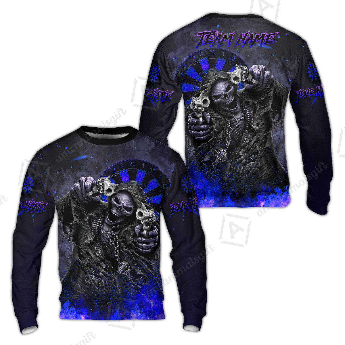 Customized Darts Team Uniform Shirt Darts Skull Reaper Gunslinger Multicolor, Personalized Name And Team Name Darts Shirt