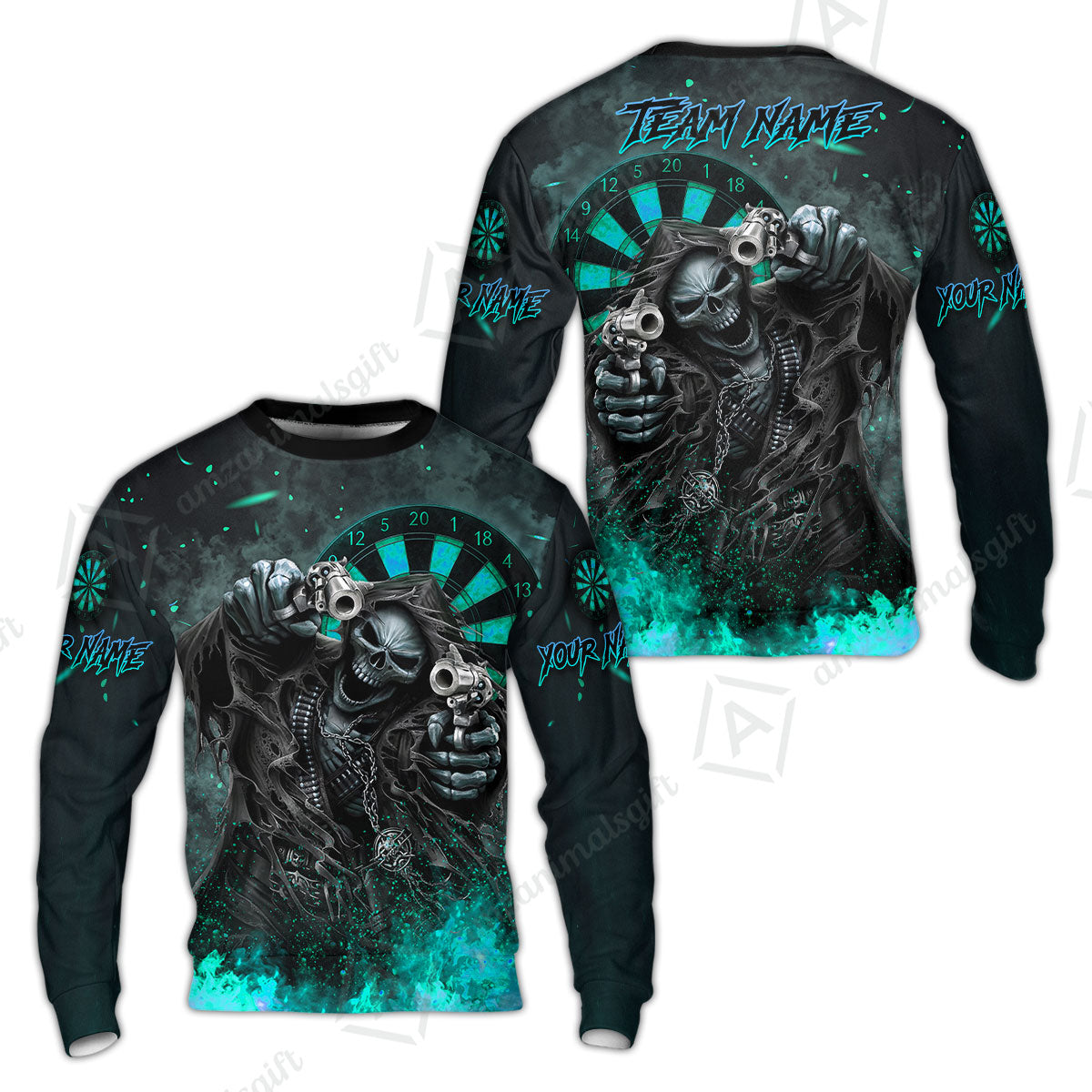 Customized Darts Team Uniform Shirt Darts Skull Reaper Gunslinger Multicolor, Personalized Name And Team Name Darts Shirt