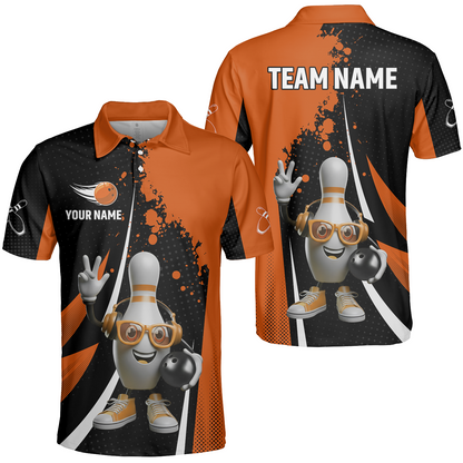 Customized Bowling Unisex Polo Shirt, Halftone Bowling Pin Wearing Headphones Sunglasses, Personalized Name And Team Name
