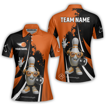 Customized Bowling Unisex Polo Shirt, Halftone Bowling Pin Wearing Headphones Sunglasses, Personalized Name And Team Name