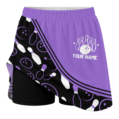 Customized Bowling Trouser Skirts With Shorts Underneath, Bowling Curve Pattern Multicolor Skorts With Pockets