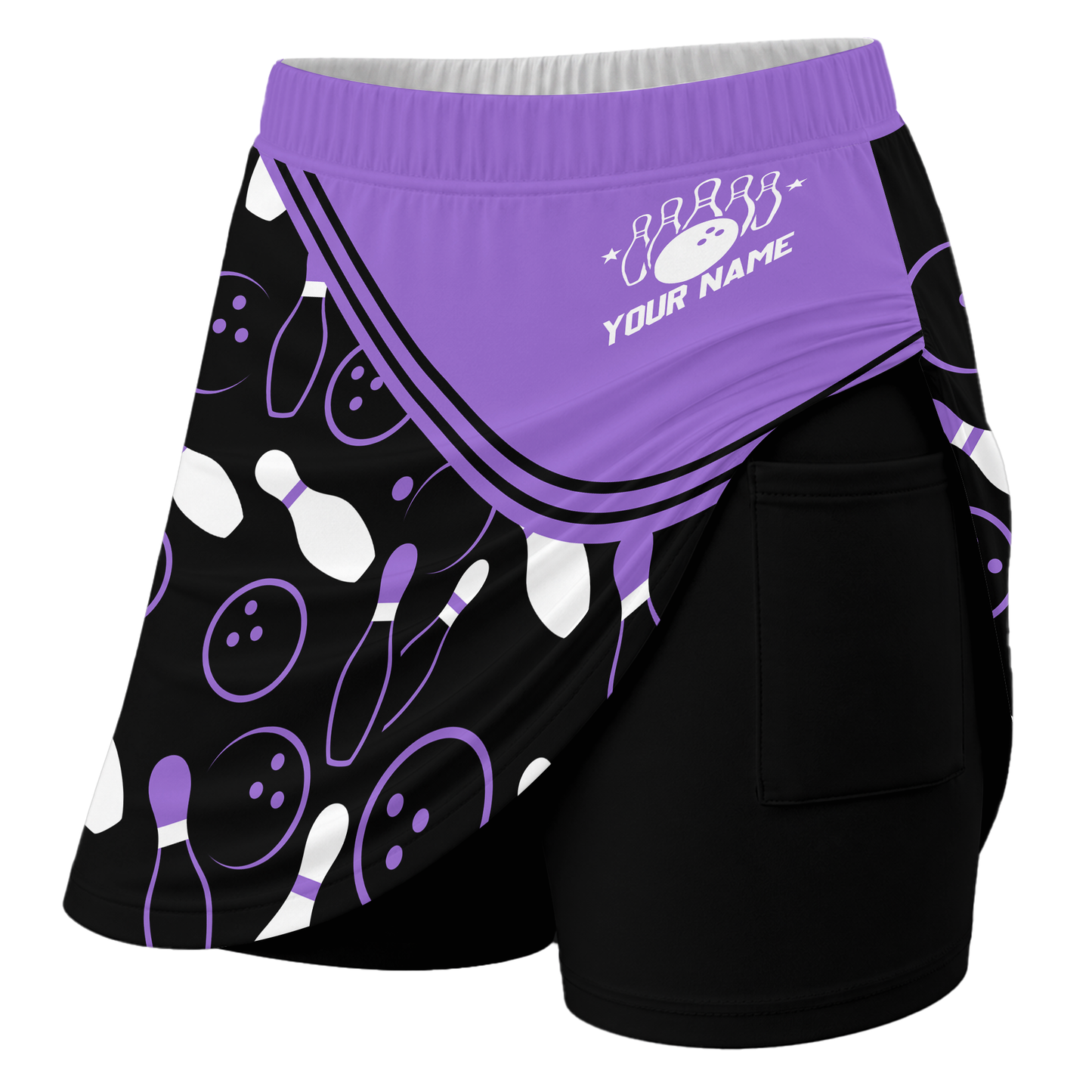 Customized Bowling Trouser Skirts With Shorts Underneath, Bowling Curve Pattern Multicolor Skorts With Pockets