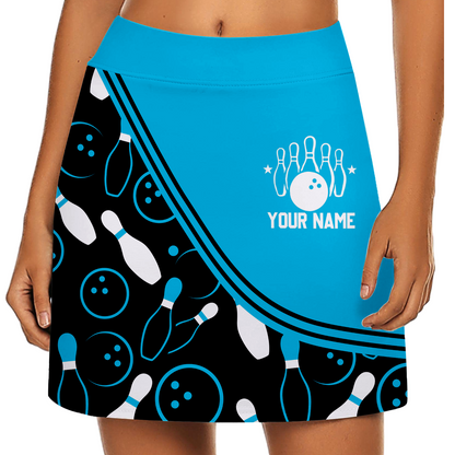 Customized Bowling Trouser Skirts With Shorts Underneath, Bowling Curve Pattern Multicolor Skorts With Pockets