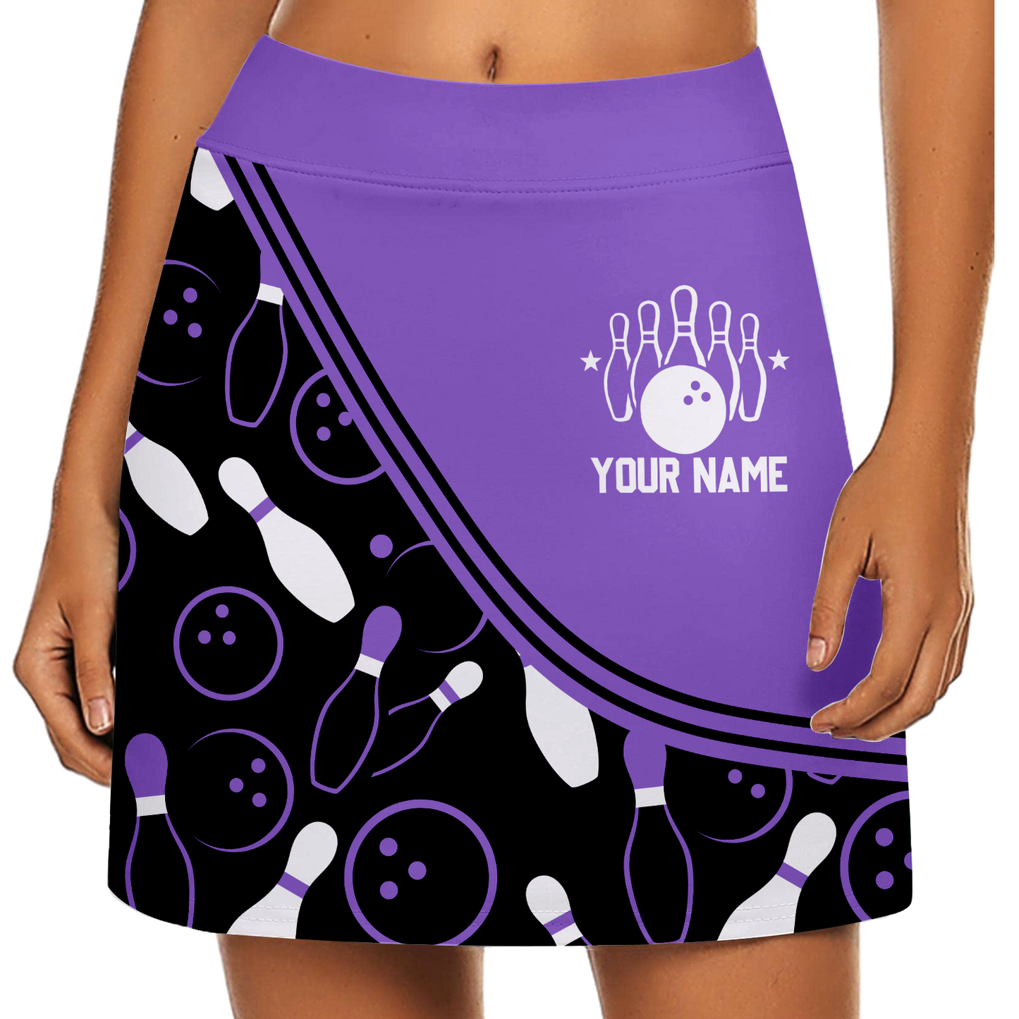 Customized Bowling Trouser Skirts With Shorts Underneath, Bowling Curve Pattern Multicolor Skorts With Pockets