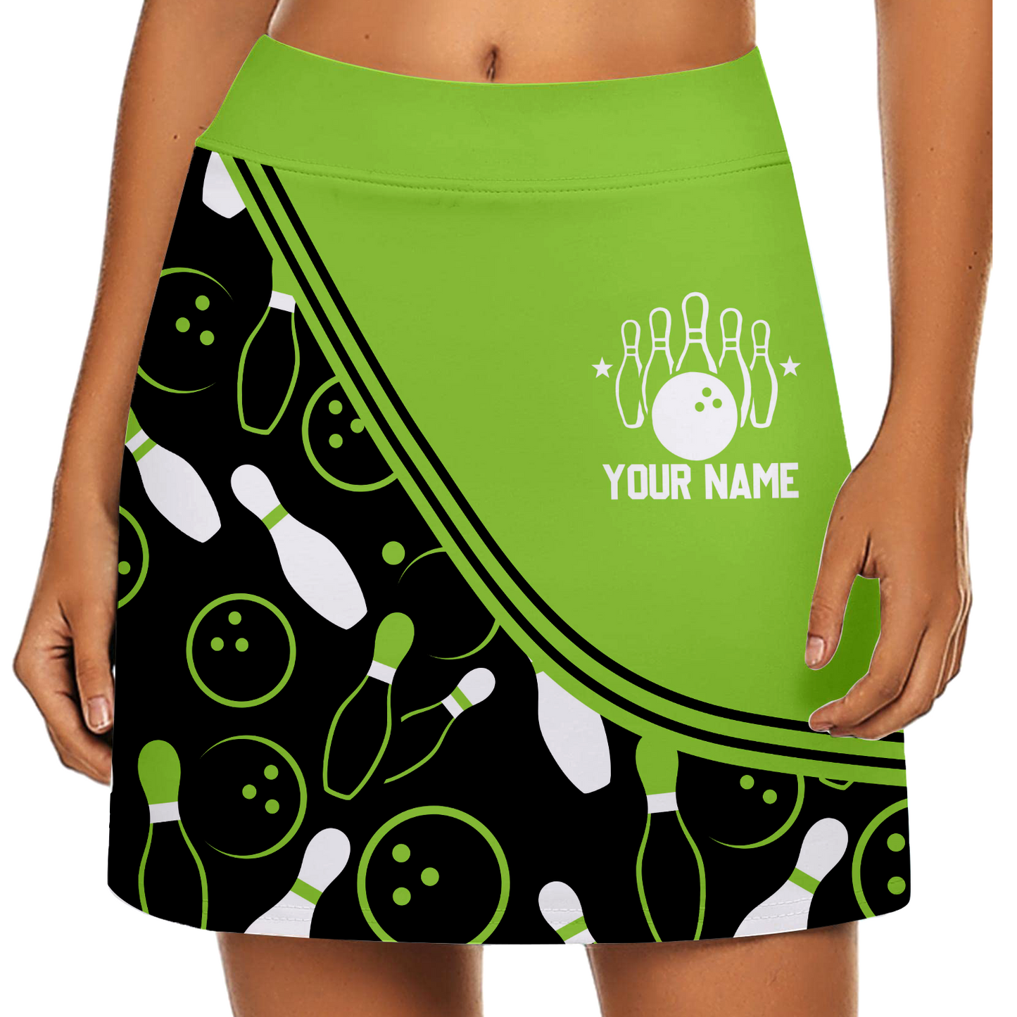 Customized Bowling Trouser Skirts With Shorts Underneath, Bowling Curve Pattern Multicolor Skorts With Pockets