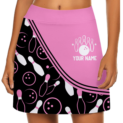 Customized Bowling Trouser Skirts With Shorts Underneath, Bowling Curve Pattern Multicolor Skorts With Pockets