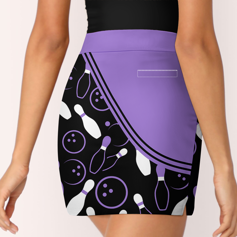 Customized Bowling Trouser Skirts With Shorts Underneath, Bowling Curve Pattern Multicolor Skorts With Pockets