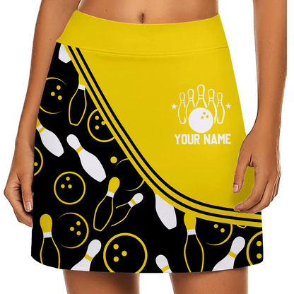Customized Bowling Trouser Skirts With Shorts Underneath, Bowling Curve Pattern Multicolor Skorts With Pockets