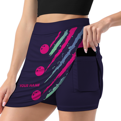 Customized Bowling Trouser Skirts With Shorts Underneath, Bowling Neon Strike Fury Skorts With Pockets