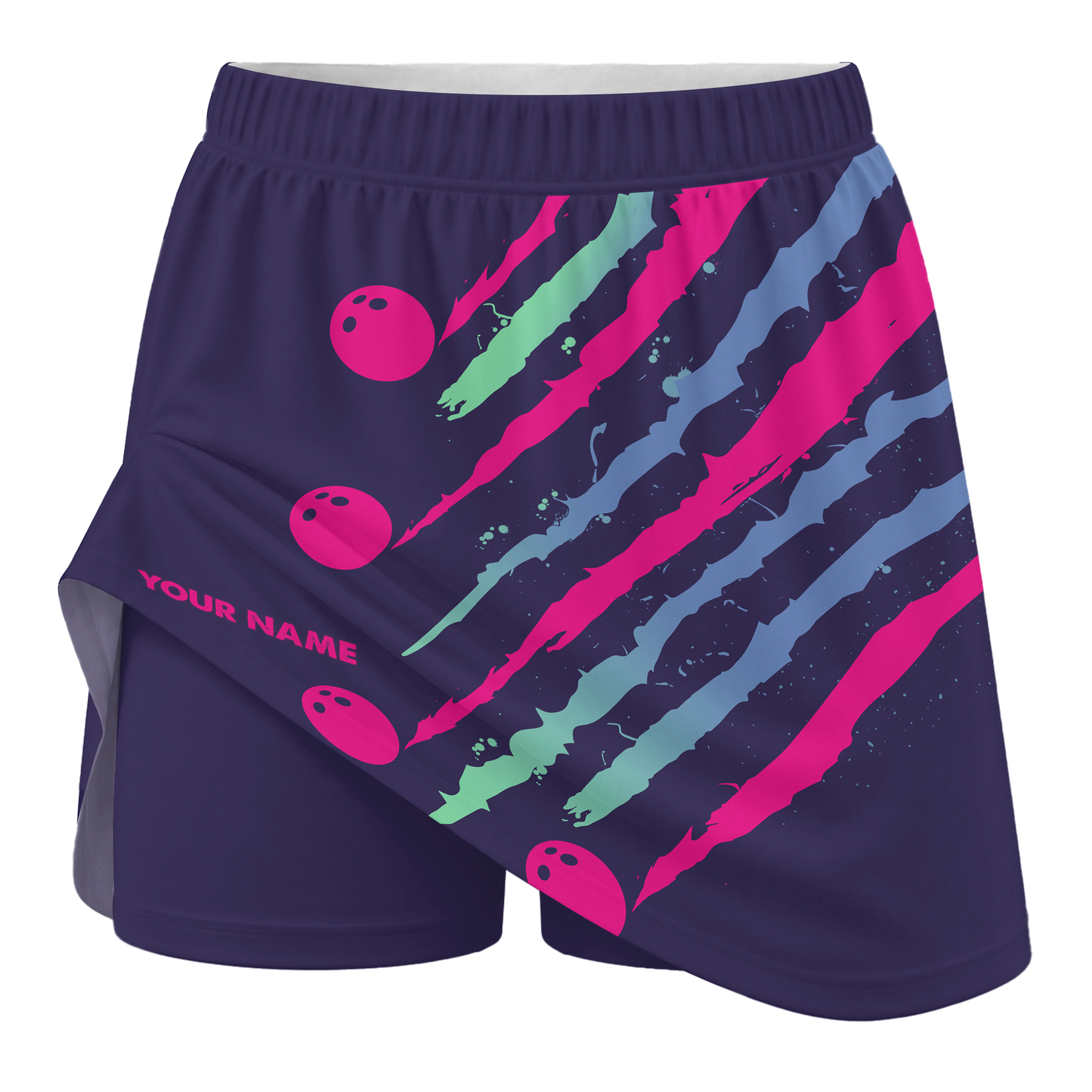 Customized Bowling Trouser Skirts With Shorts Underneath, Bowling Neon Strike Fury Skorts With Pockets