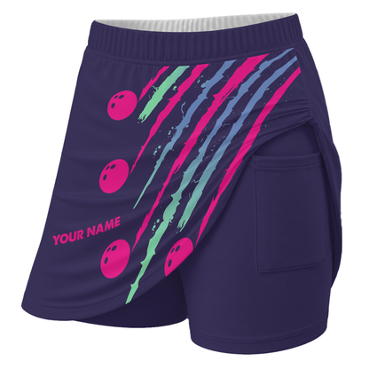 Customized Bowling Trouser Skirts With Shorts Underneath, Bowling Neon Strike Fury Skorts With Pockets
