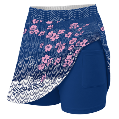 Customized Bowling Trouser Skirts With Shorts Underneath, Bowling Flowers Cherry Blossom Skorts With Pockets