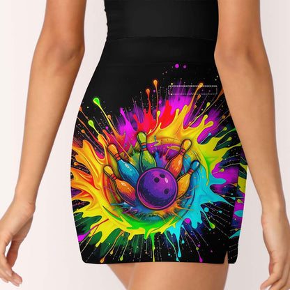 Customized Bowling Trouser Skirts With Shorts Underneath, Bowling Rainbow Bowling Blast Colorful Skorts With Pockets