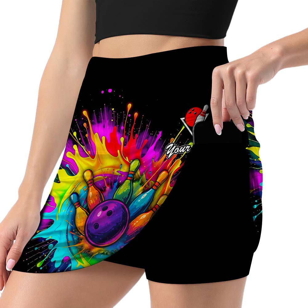 Customized Bowling Trouser Skirts With Shorts Underneath, Bowling Rainbow Bowling Blast Colorful Skorts With Pockets