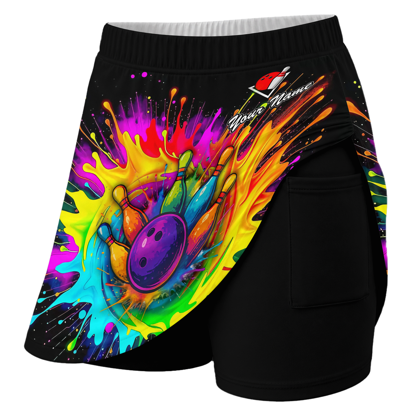 Customized Bowling Trouser Skirts With Shorts Underneath, Bowling Rainbow Bowling Blast Colorful Skorts With Pockets