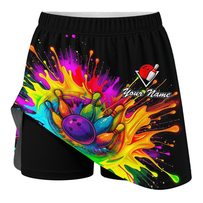 Customized Bowling Trouser Skirts With Shorts Underneath, Bowling Rainbow Bowling Blast Colorful Skorts With Pockets