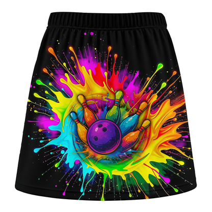 Customized Bowling Trouser Skirts With Shorts Underneath, Bowling Rainbow Bowling Blast Colorful Skorts With Pockets