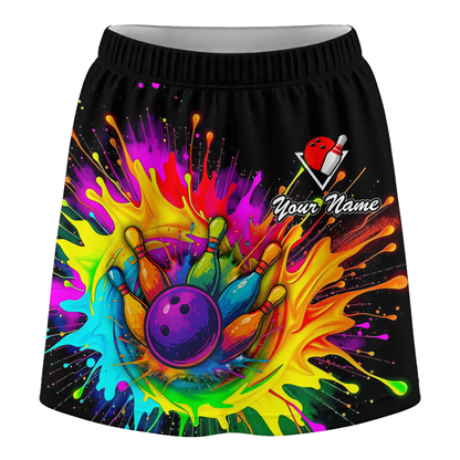 Customized Bowling Trouser Skirts With Shorts Underneath, Bowling Rainbow Bowling Blast Colorful Skorts With Pockets