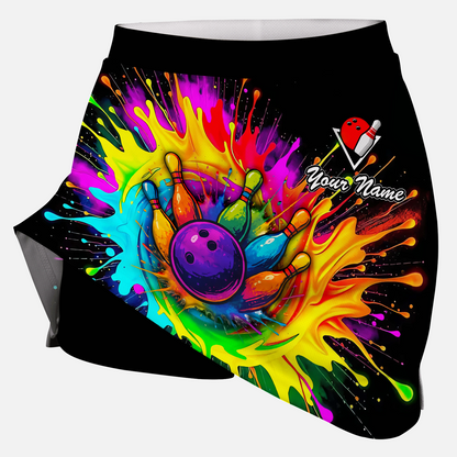 Customized Bowling Trouser Skirts With Shorts Underneath, Bowling Rainbow Bowling Blast Colorful Skorts With Pockets