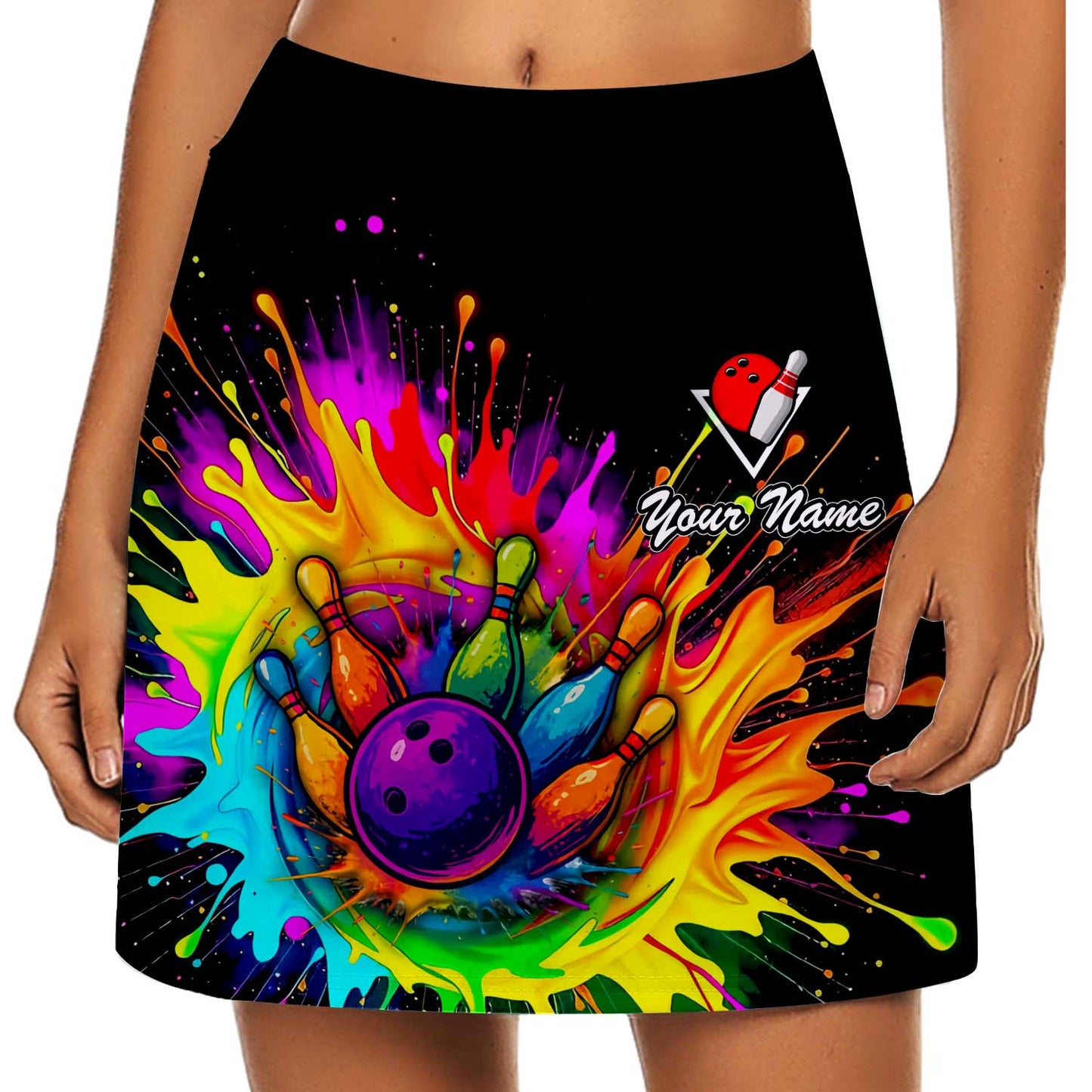 Customized Bowling Trouser Skirts With Shorts Underneath, Bowling Rainbow Bowling Blast Colorful Skorts With Pockets