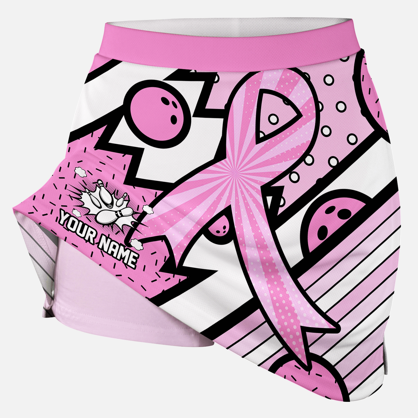 Customized Bowling Trouser Skirts With Shorts Underneath, Bowling Pink Ribbon Comic Style Skorts With Pockets