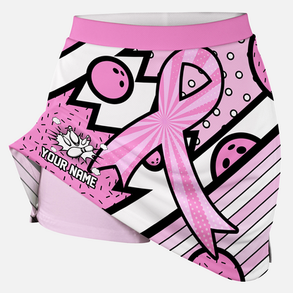 Customized Bowling Trouser Skirts With Shorts Underneath, Bowling Pink Ribbon Comic Style Skorts With Pockets