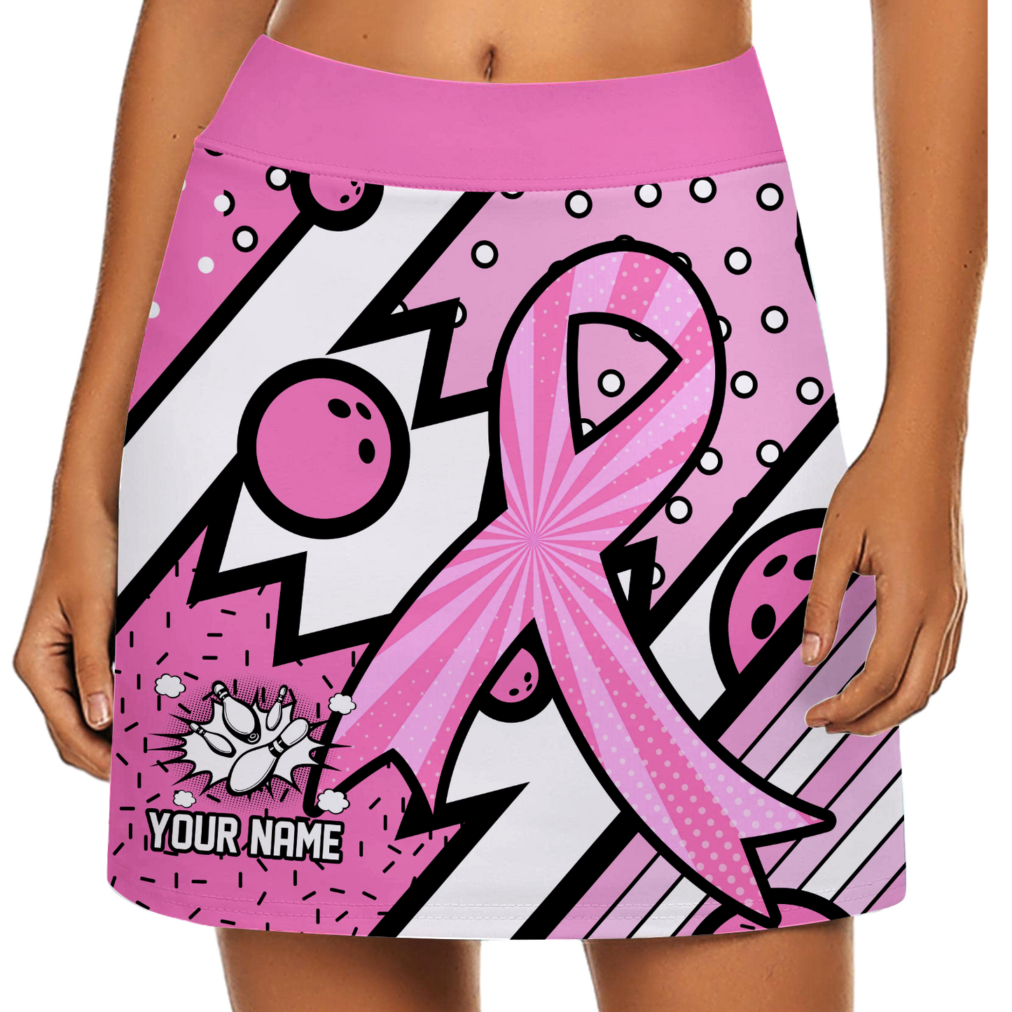 Customized Bowling Trouser Skirts With Shorts Underneath, Bowling Pink Ribbon Comic Style Skorts With Pockets