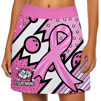 Customized Bowling Trouser Skirts With Shorts Underneath, Bowling Pink Ribbon Comic Style Skorts With Pockets