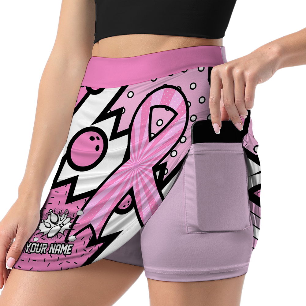 Customized Bowling Trouser Skirts With Shorts Underneath, Bowling Pink Ribbon Comic Style Skorts With Pockets