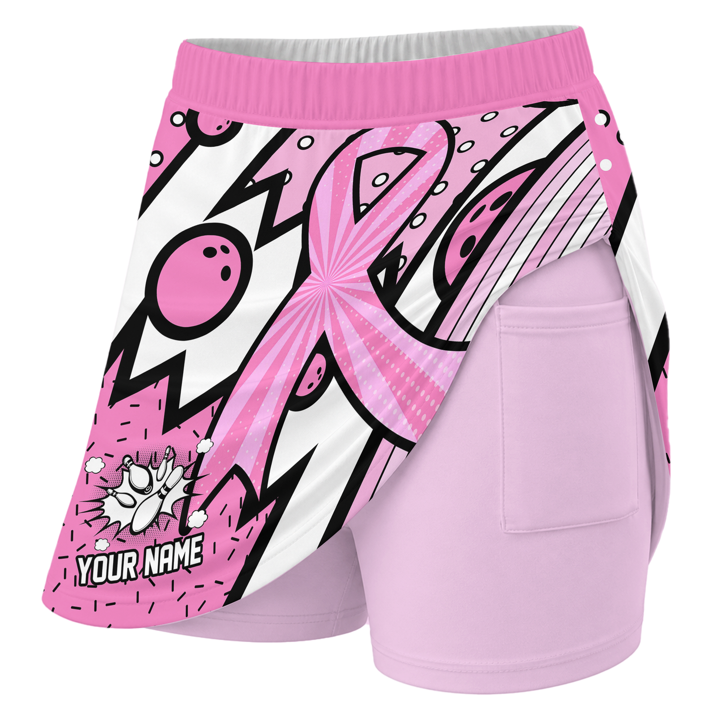 Customized Bowling Trouser Skirts With Shorts Underneath, Bowling Pink Ribbon Comic Style Skorts With Pockets