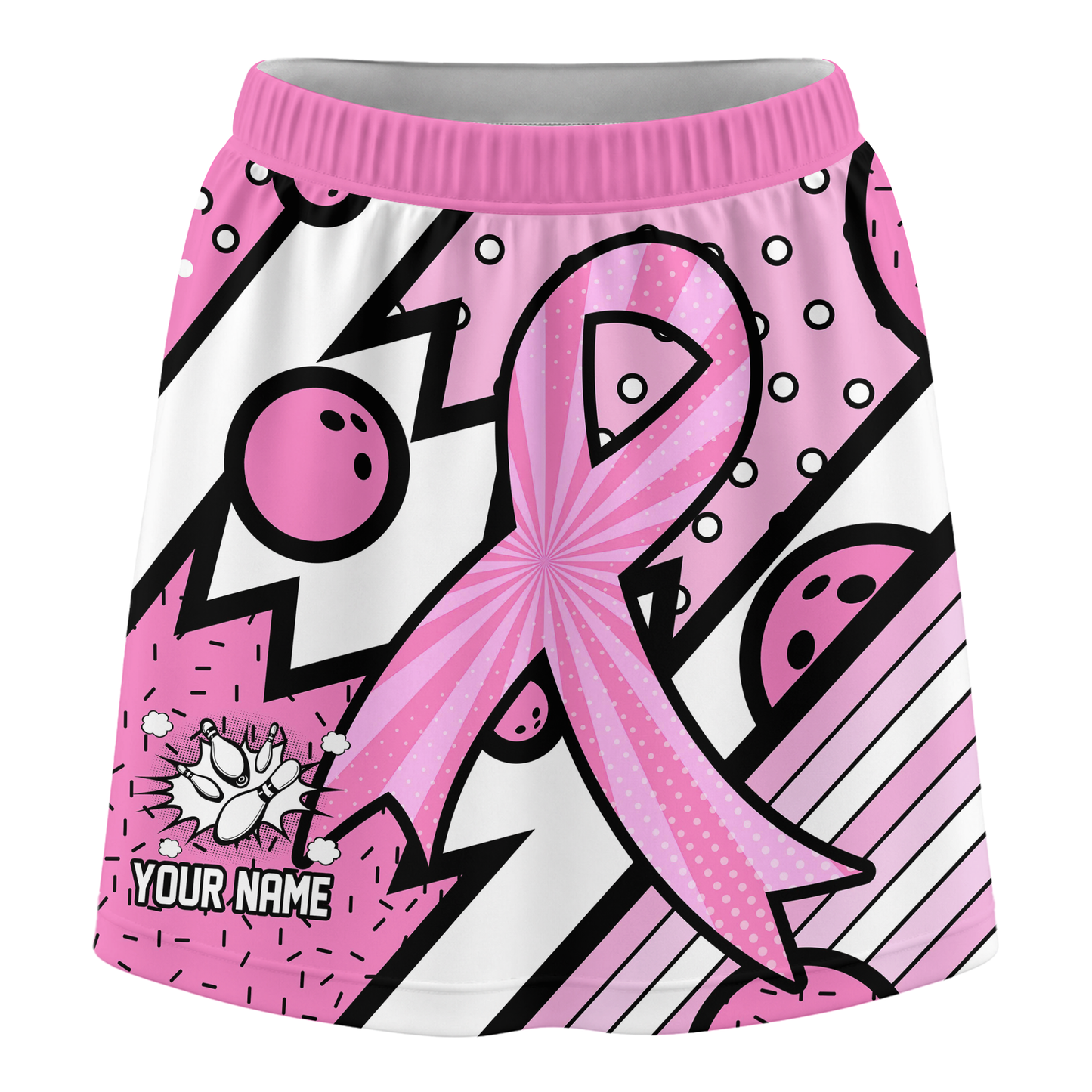 Customized Bowling Trouser Skirts With Shorts Underneath, Bowling Pink Ribbon Comic Style Skorts With Pockets