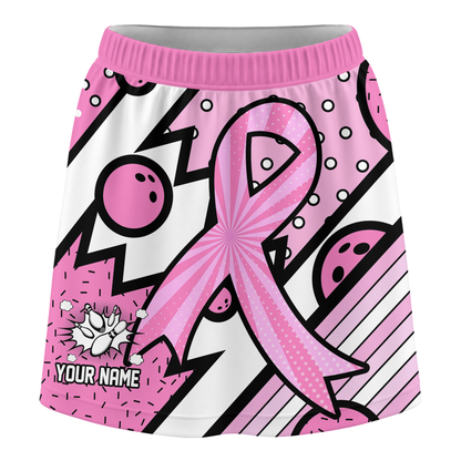 Customized Bowling Trouser Skirts With Shorts Underneath, Bowling Pink Ribbon Comic Style Skorts With Pockets