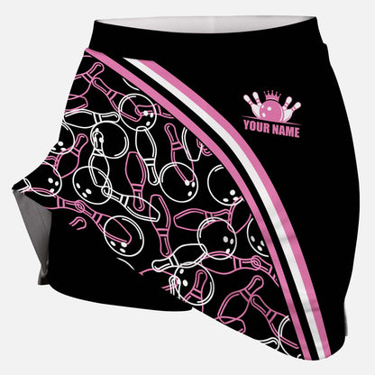 Customized Bowling Trouser Skirts With Shorts Underneath, Black Pink Bowling Pattern Skorts With Pockets