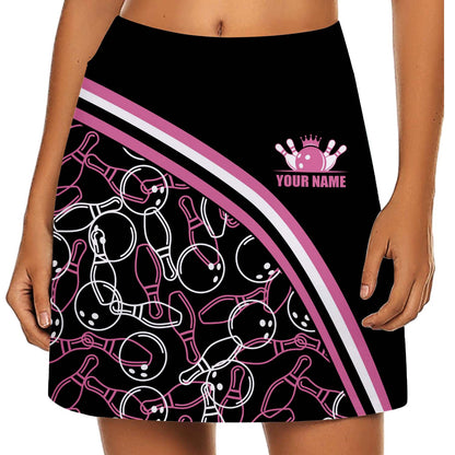 Customized Bowling Trouser Skirts With Shorts Underneath, Black Pink Bowling Pattern Skorts With Pockets
