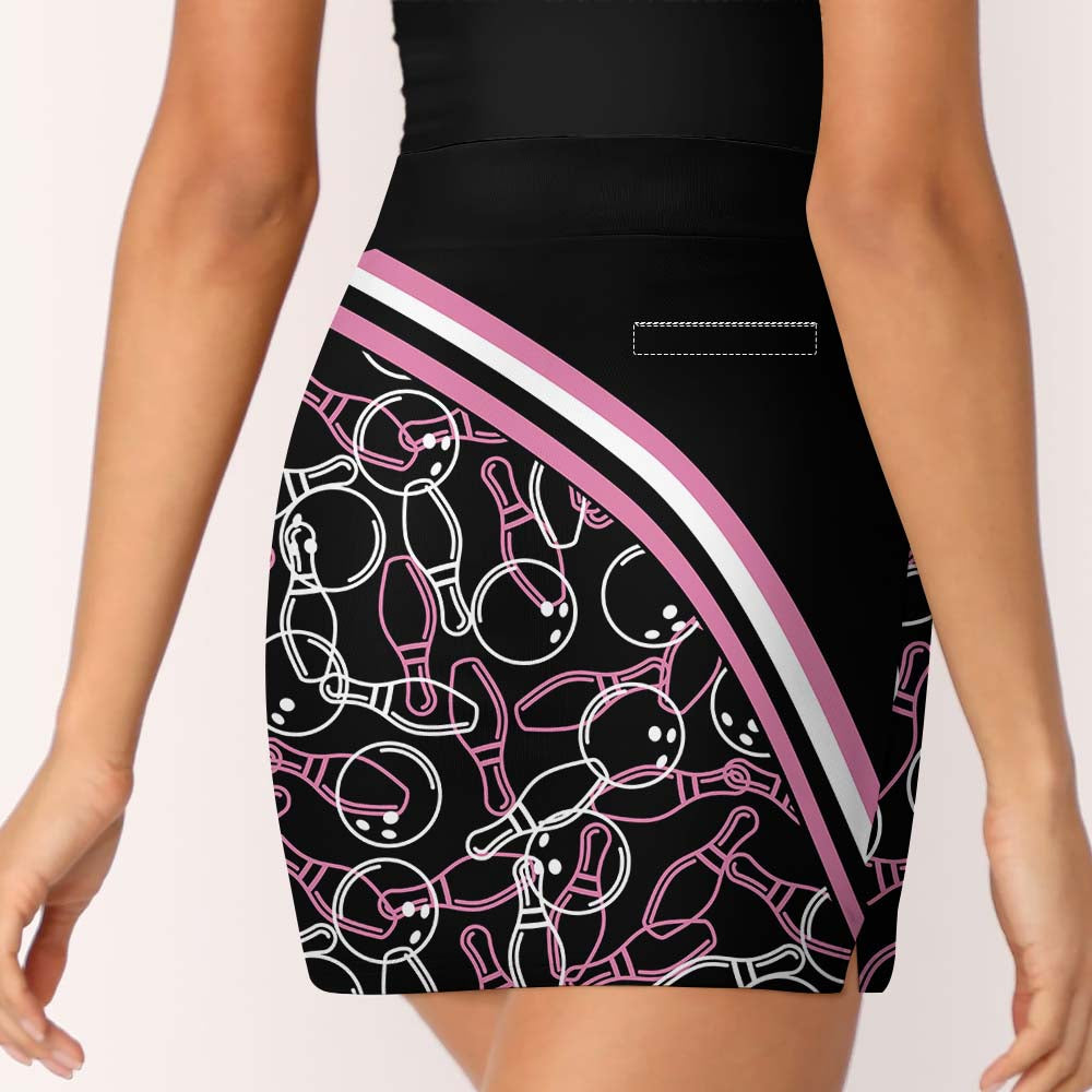 Customized Bowling Trouser Skirts With Shorts Underneath, Black Pink Bowling Pattern Skorts With Pockets