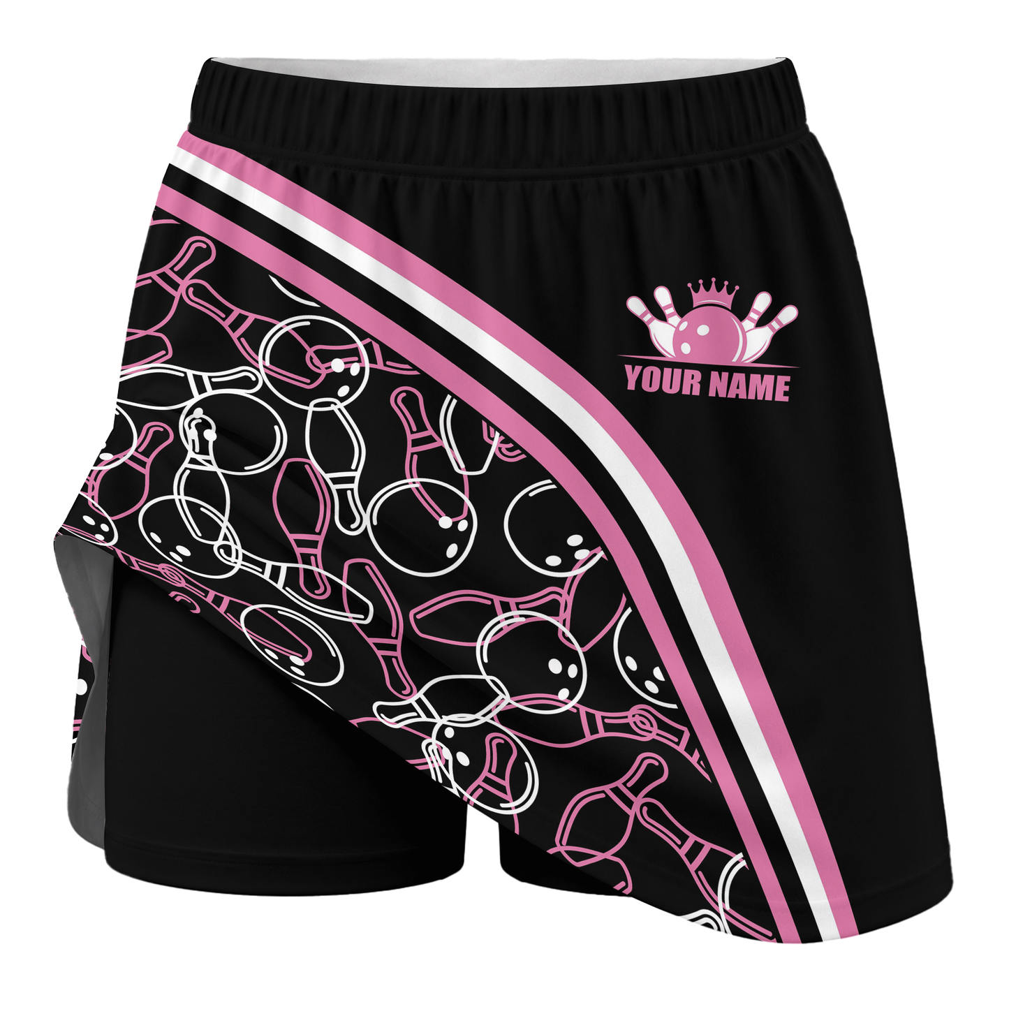 Customized Bowling Trouser Skirts With Shorts Underneath, Black Pink Bowling Pattern Skorts With Pockets