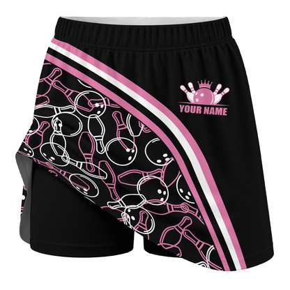 Customized Bowling Trouser Skirts With Shorts Underneath, Black Pink Bowling Pattern Skorts With Pockets