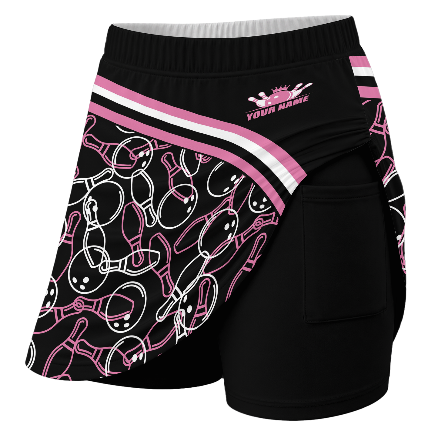 Customized Bowling Trouser Skirts With Shorts Underneath, Black Pink Bowling Pattern Skorts With Pockets