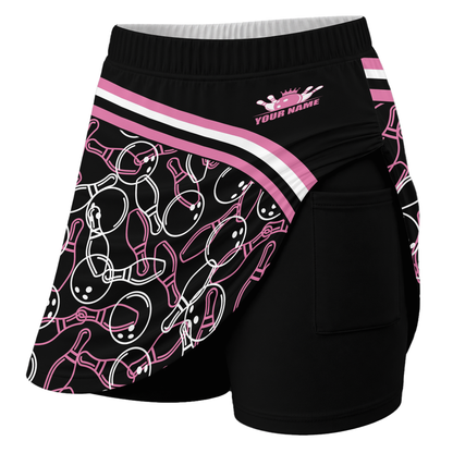Customized Bowling Trouser Skirts With Shorts Underneath, Black Pink Bowling Pattern Skorts With Pockets