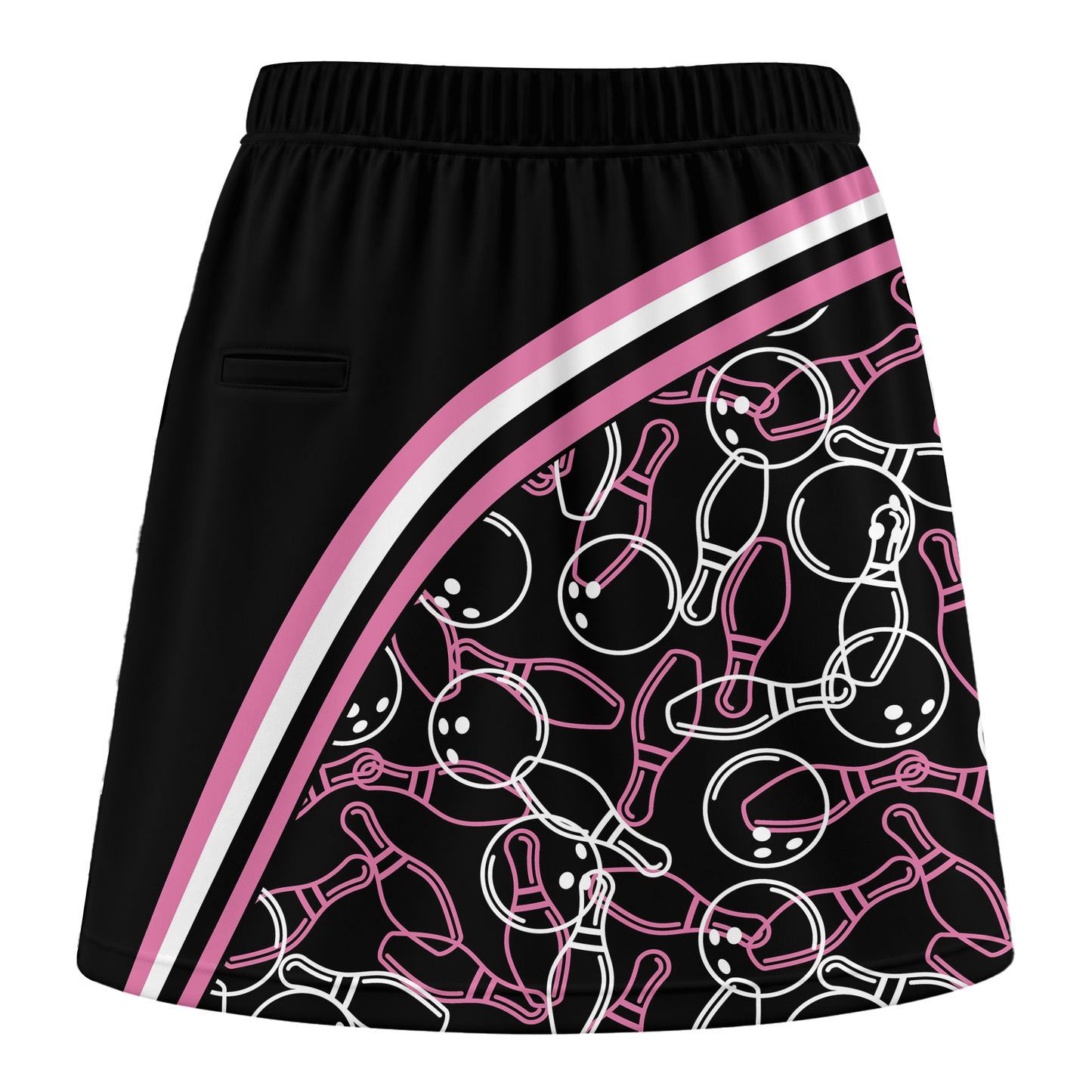 Customized Bowling Trouser Skirts With Shorts Underneath, Black Pink Bowling Pattern Skorts With Pockets