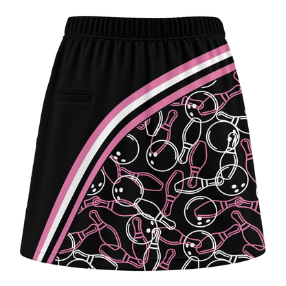 Customized Bowling Trouser Skirts With Shorts Underneath, Black Pink Bowling Pattern Skorts With Pockets