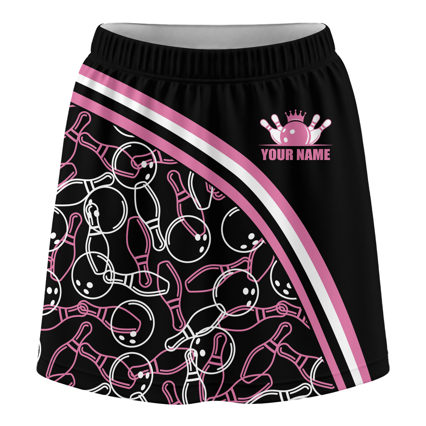 Customized Bowling Trouser Skirts With Shorts Underneath, Black Pink Bowling Pattern Skorts With Pockets