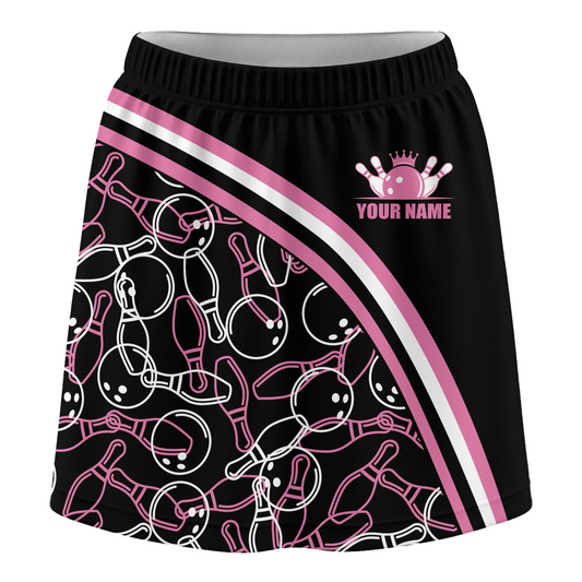 Customized Bowling Trouser Skirts With Shorts Underneath, Black Pink Bowling Pattern Skorts With Pockets