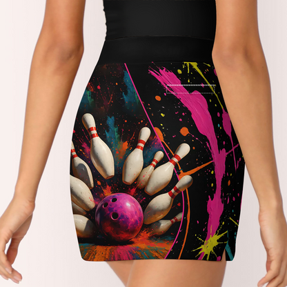 Customized Bowling Trouser Skirts With Shorts Underneath, Bowling Multicolor Splash Skorts With Pockets