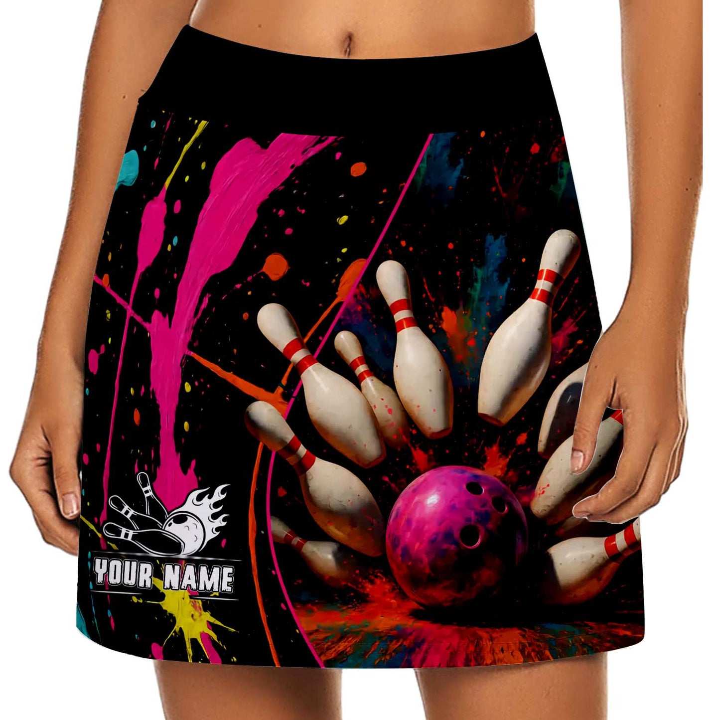 Customized Bowling Trouser Skirts With Shorts Underneath, Bowling Multicolor Splash Skorts With Pockets